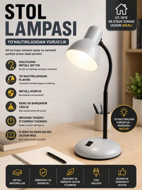 Stol lampasi metall, egiluvchan, o‘qish, dars va ish stoli uchun kumushrang - 