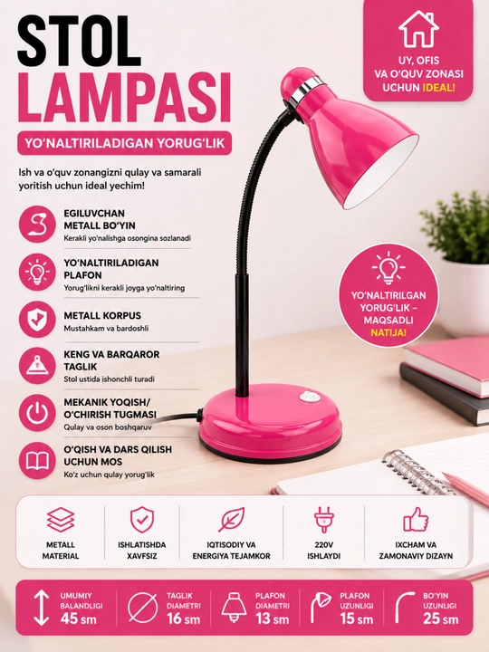 Stol lampasi metall, egiluvchan, o‘qish, dars va ish stoli uchun kumushrang - 