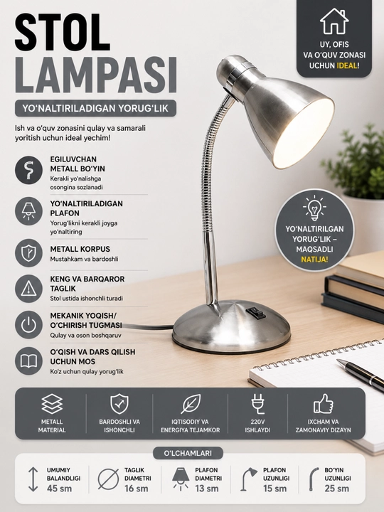 Stol lampasi metall, egiluvchan, o‘qish, dars va ish stoli uchun kumushrang - 