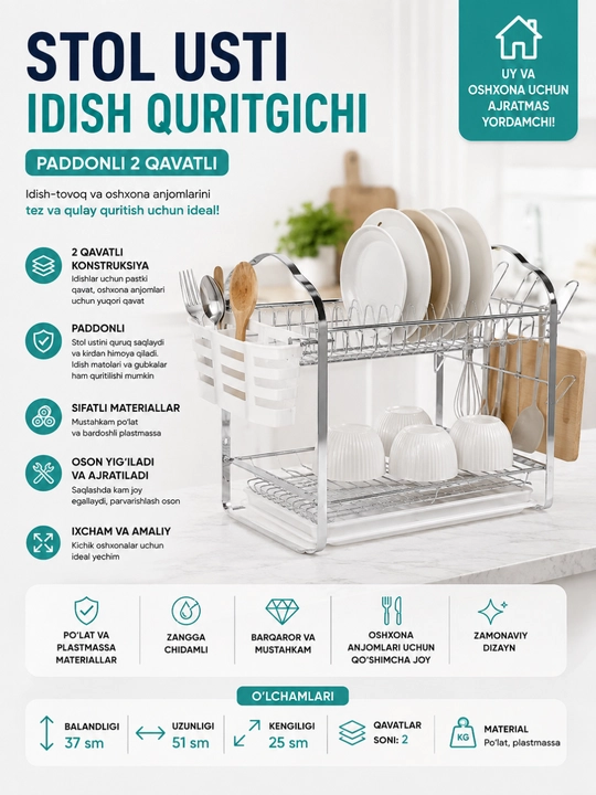 Stol usti idish-tovoq quritgichi, oshxona anjomlari uchun quritgich, 2 qavatli - 