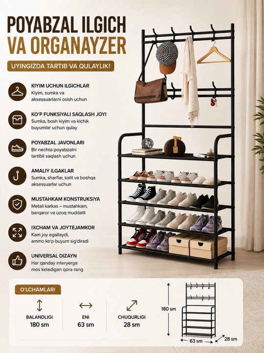 Poyabzal ilgich va organayzeri, qora, 80x30x172 sm - 