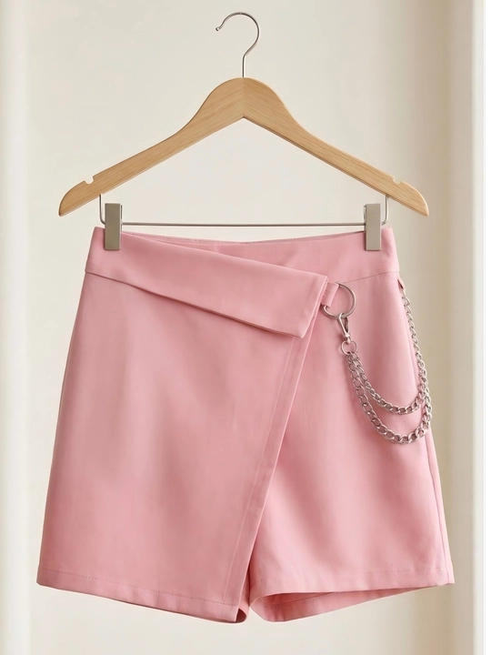 Ayollar uchun pushti yubka-short, 100% paxta, hidli fason, zanjirli, mini