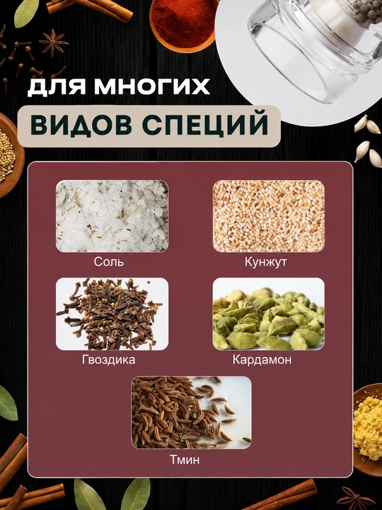 Ручная мельница для соли, перца и специй, акриловая, с прочным керамическим механизмом