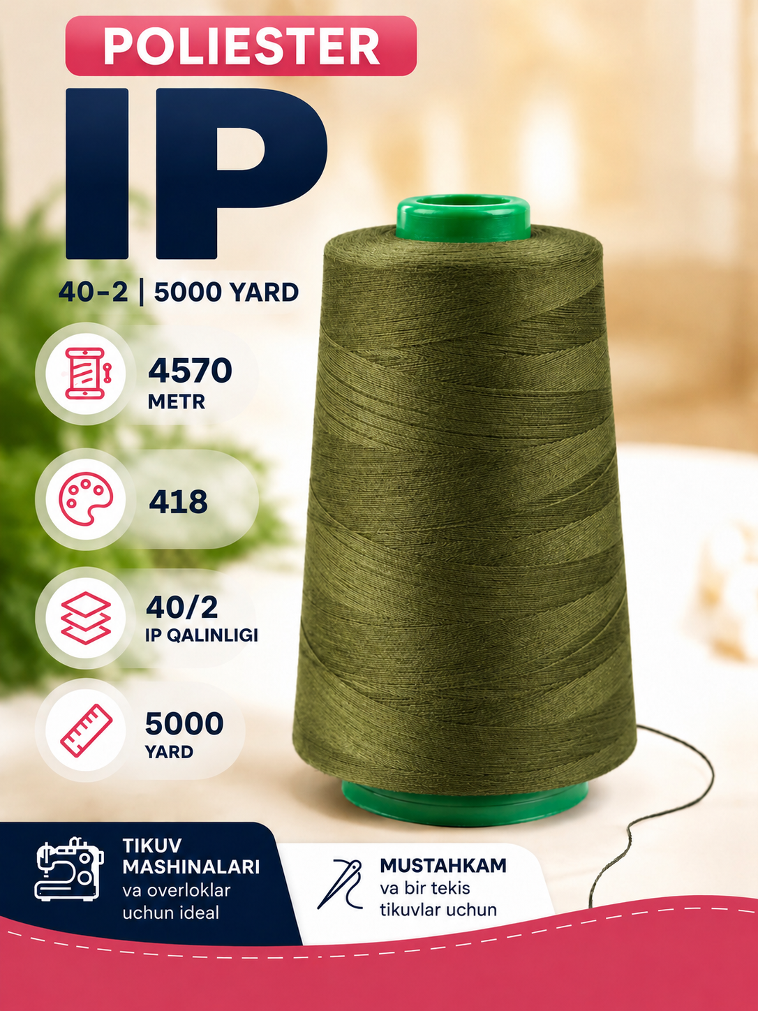 Pardalar, tikuv mashinalari uchun 40/2 tikuv iplari