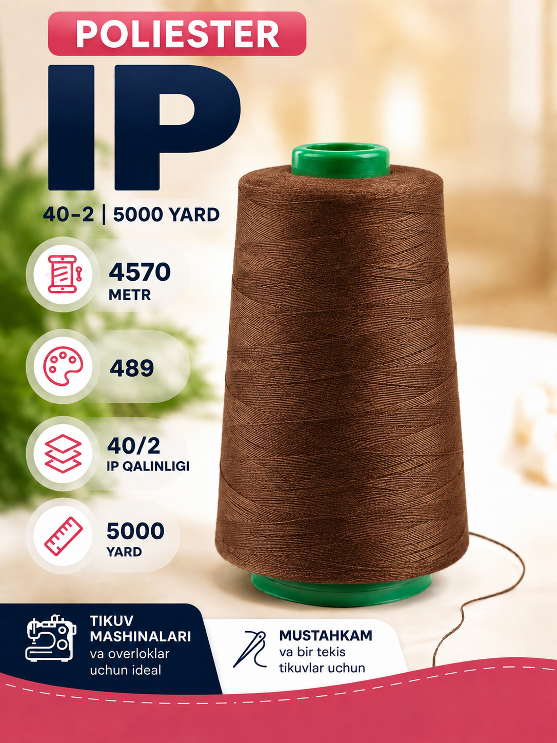 Pardalar, tikuv mashinalari uchun 40/2 tikuv iplari