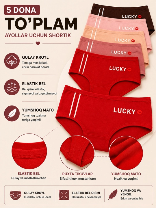Ayollar ichki kiyimi to‘plami, paxta tolali qulay elastik trusiklar, 5 dona. 48-50