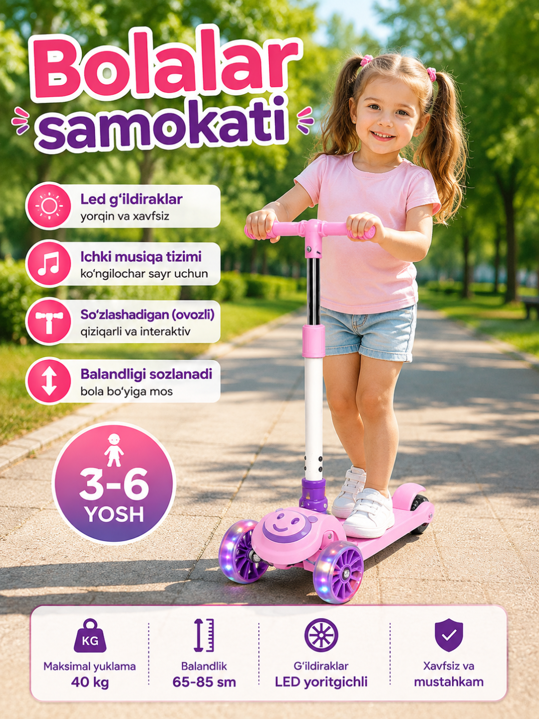 Samokat, bolalar samokati, uch g‘ildirakli samokat, yoritiluvchi g‘ildirakli samokat