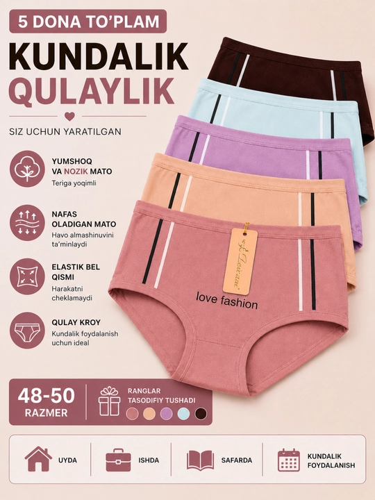 Ayollar ichki kiyimi to‘plami, paxta tolali qulay elastik trusiklar, 5 dona. 48-50