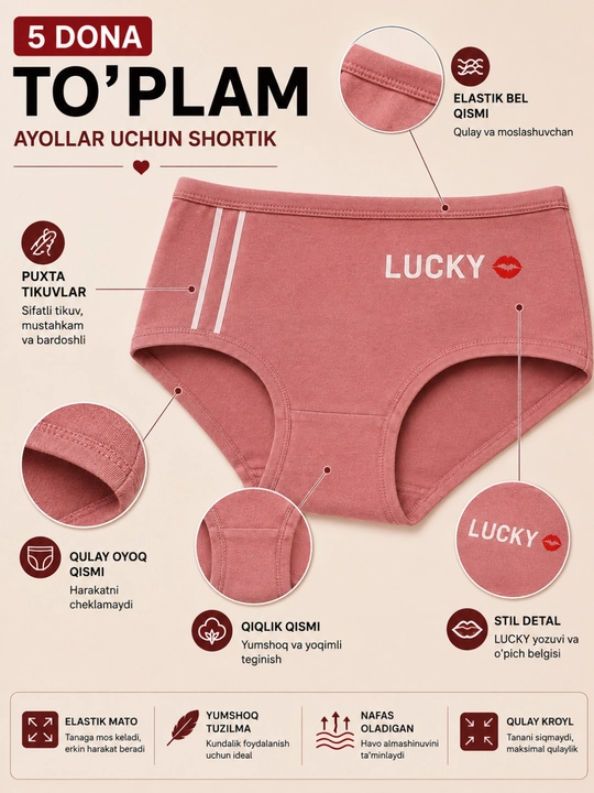 Ayollar ichki kiyimi to‘plami, paxta tolali qulay elastik trusiklar, 5 dona. 48-50