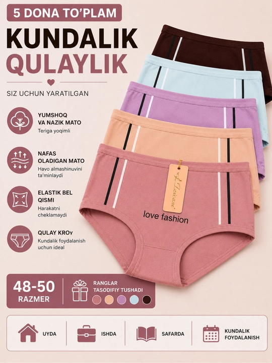 Ayollar ichki kiyimi to‘plami, paxta tolali qulay elastik trusiklar, 5 dona. 48-50