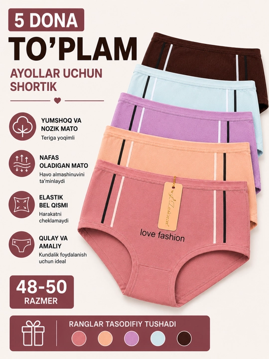 Ayollar ichki kiyimi to‘plami, paxta tolali qulay elastik trusiklar, 5 dona. 48-50