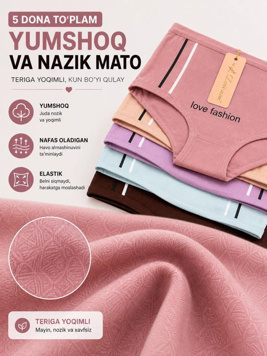 Ayollar ichki kiyimi to‘plami, paxta tolali qulay elastik trusiklar, 5 dona. 48-50