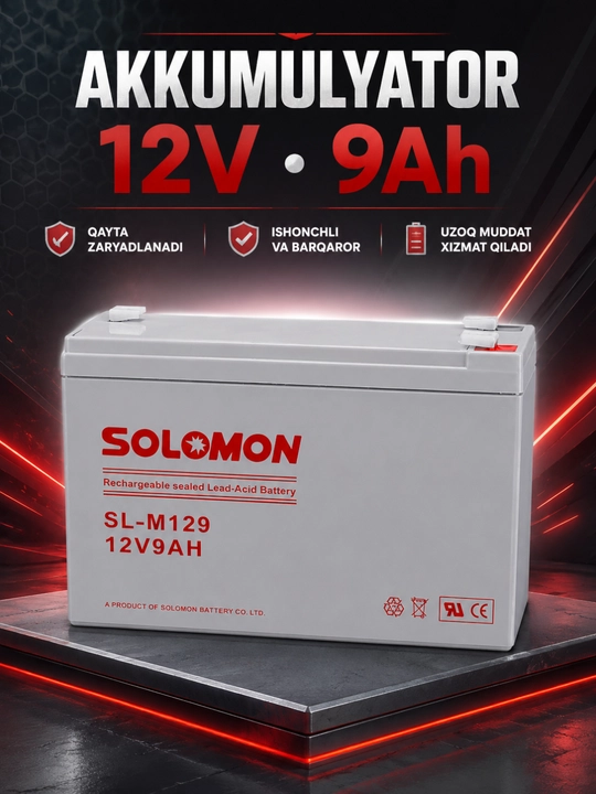Akkumulyator SOLOMON 12V 9Ah, qayta zaryadlanuvchi germetik qo‘rg‘oshin-kislotali - 