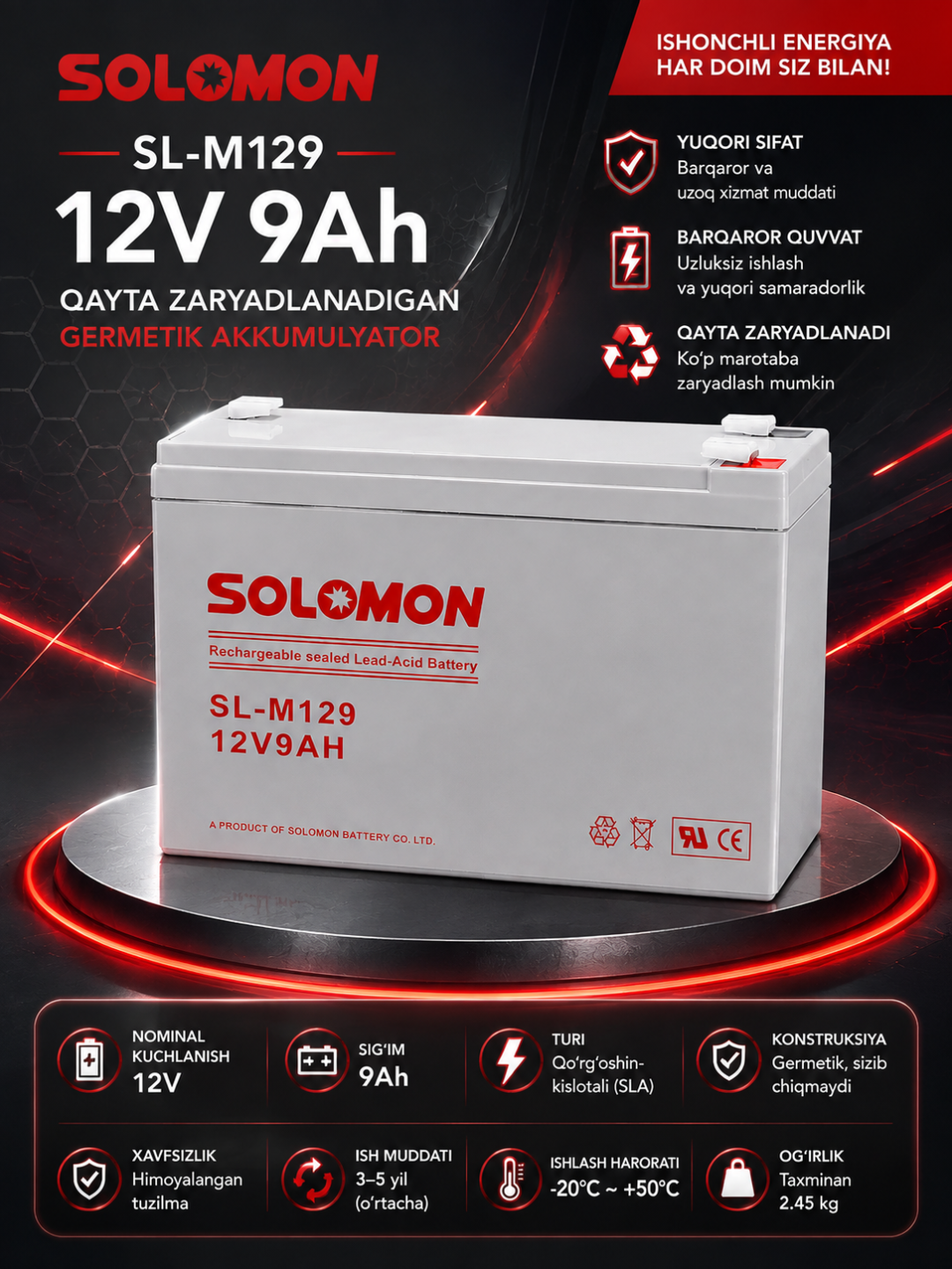 Akkumulyator SOLOMON 12V 9Ah, qayta zaryadlanuvchi germetik qo‘rg‘oshin-kislotali