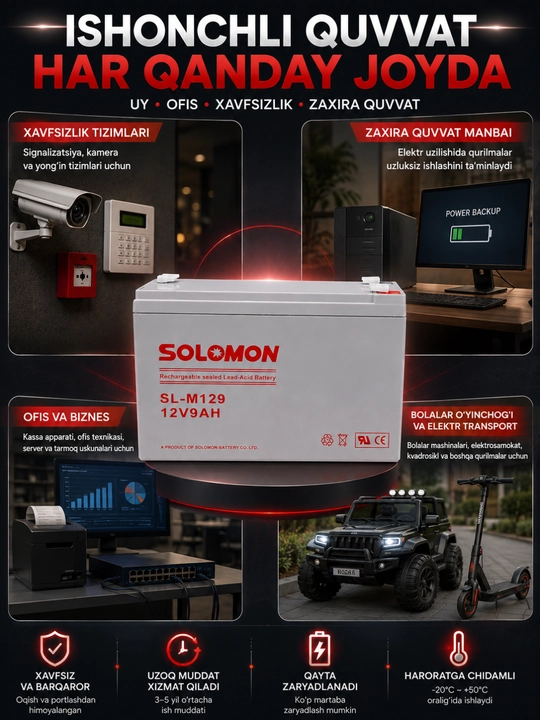 Akkumulyator SOLOMON 12V 9Ah, qayta zaryadlanuvchi germetik qo‘rg‘oshin-kislotali