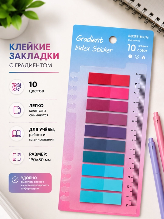 Yopishqoq zakladkalar – Gradient, 10 rang, 200 varaq - 