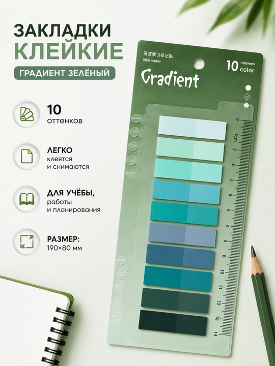 Клейкие закладки с градиентом, 10 цветов, 200 листов - 