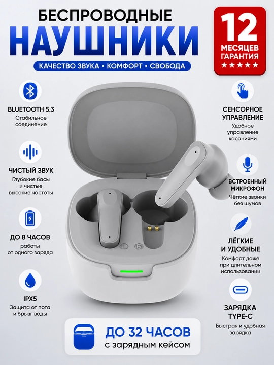 Беспроводные наушники, Hi-Fi звук, чёткие звонки, шумоподавление, LED дисплей - 