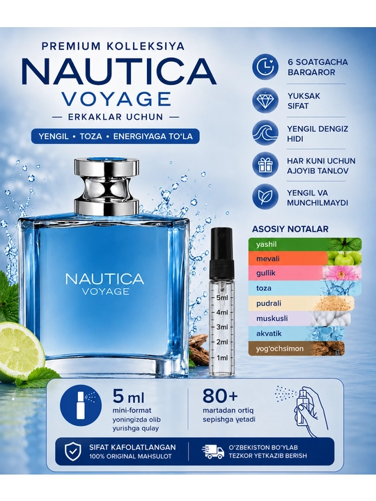 Erkaklar uchun Nautica Voyage 5 ml, 10 ml, 20 ml, 30 ml, 50 ml xushbo‘y suvi - 