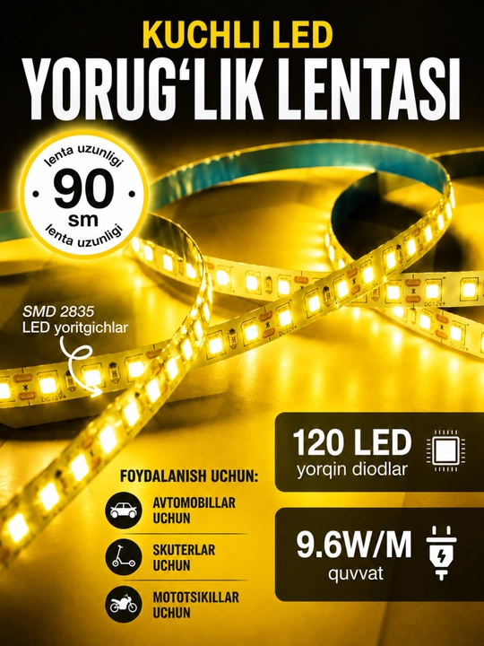 Avtomobil uchun LED lenta, 90 sm — salon va tashqi bezak uchun, ko‘p rangli yoritgich