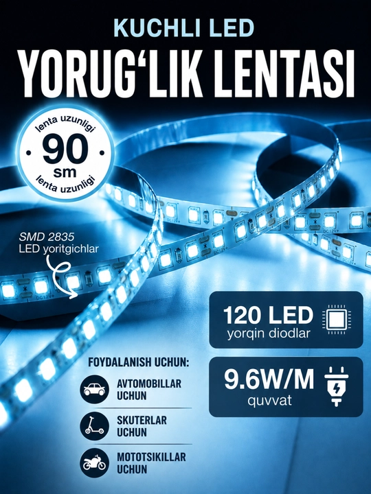 Avtomobil uchun LED lenta, 90 sm — salon va tashqi bezak uchun, ko‘p rangli yoritgich