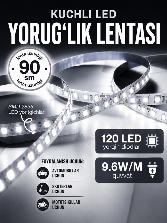 Avtomobil uchun LED lenta, 90 sm — salon va tashqi bezak uchun, ko‘p rangli yoritgich
