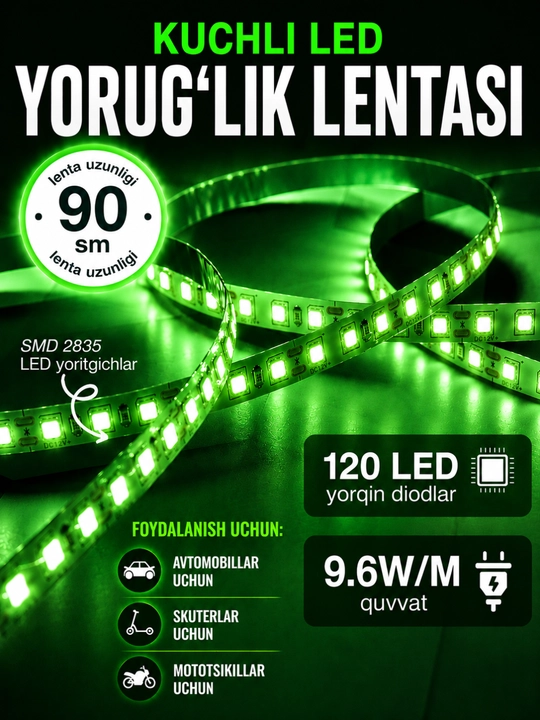Avtomobil uchun LED lenta, 90 sm — salon va tashqi bezak uchun, ko‘p rangli yoritgich