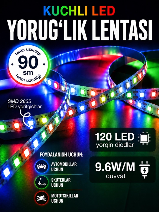 Avtomobil uchun LED lenta, 90 sm — salon va tashqi bezak uchun, ko‘p rangli yoritgich