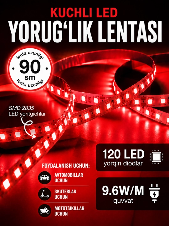 Avtomobil uchun LED lenta, 90 sm — salon va tashqi bezak uchun, ko‘p rangli yoritgich