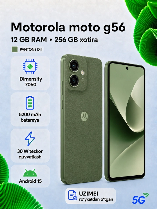 Motorola Moto G56 5G 12/256 ГБ, экран 6,7″ FHD+ 120 Гц, 50 МП, зарегистрирована SIM+eSIM - 