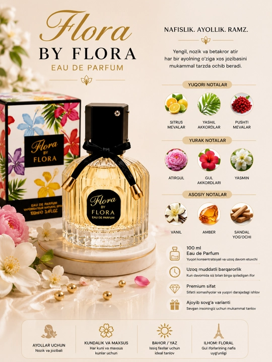 Flora by Flora, Ayollar uchun atir, takrorlanmas nafis gullar ifori, 100ml