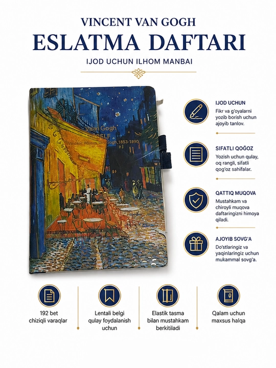 Van Gogh dizaynidagi eslatma daftari, qattiq muqova, rezinka va ruchka uchun halqa - 