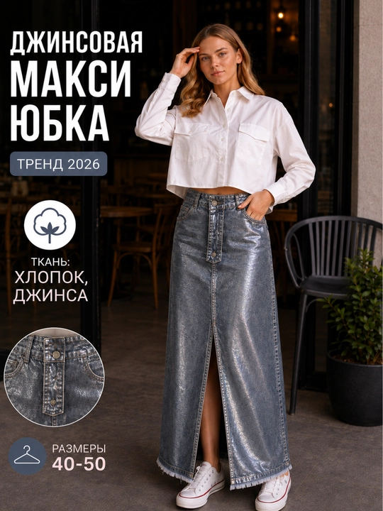 Джинсовая юбка макси с разрезом, юбка джинсовая женская - 