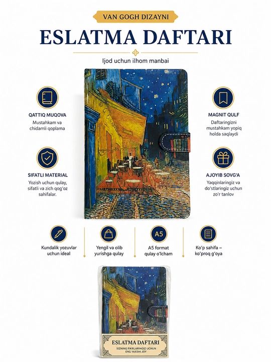 Van Gogh dizaynidagi eslatma daftari, A5 bloknot, magnit qulfli, qattiq muqovali - 