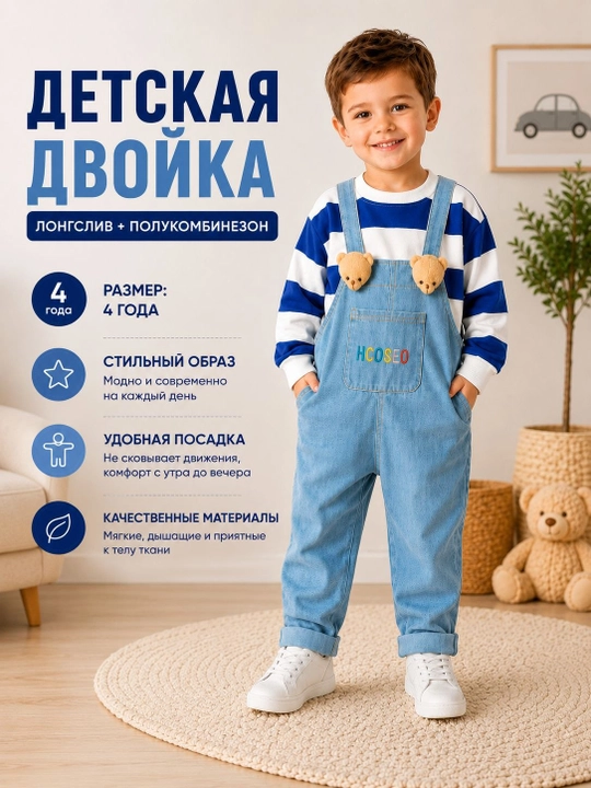 Детская двойка для мальчика 4 лет, лонгслив и полукомбинезон, повседневный комплект - 