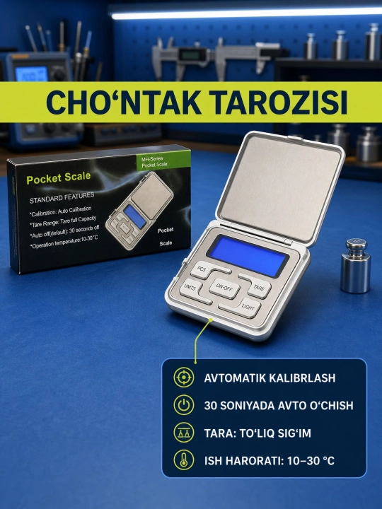 Ixcham va aniq choʻntak tarozisi. Avto-kalibrlash va tara funksiyasi bilan - 