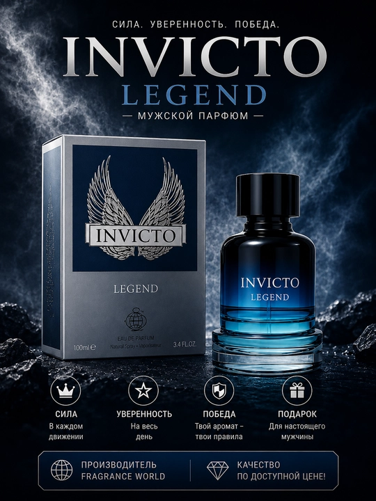 INVICTUS LEGEND, parfyumlangan suvi, jozibali va nafis erkaklar ifori, 100 ml (BAA)