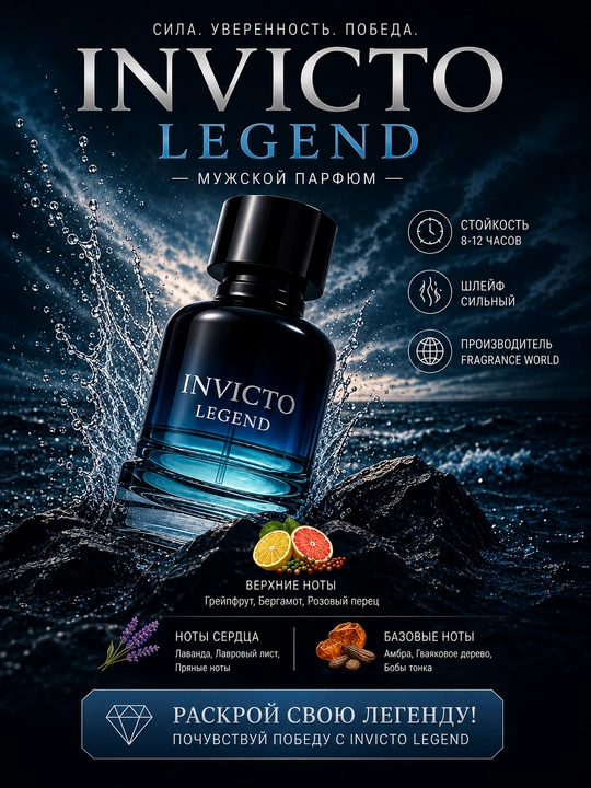 INVICTUS LEGEND, parfyumlangan suvi, jozibali va nafis erkaklar ifori, 100 ml (BAA)