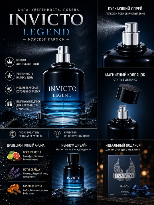 INVICTUS LEGEND, parfyumlangan suvi, jozibali va nafis erkaklar ifori, 100 ml (BAA)