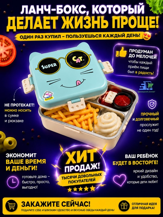 Ланчбокс контейнер с отделениями, герметичный, с соусником, из нержавеющей стали - 