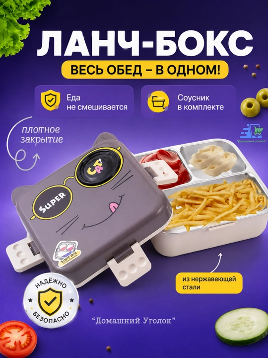 Ланчбокс контейнер с отделениями, герметичный, с соусником, из нержавеющей стали
