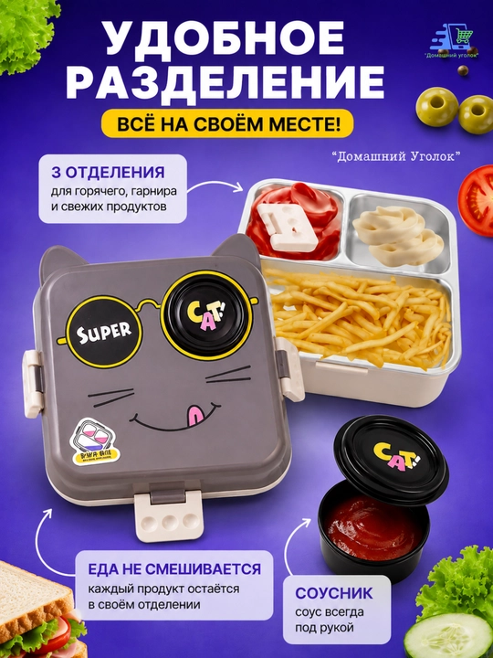 Ланчбокс контейнер с отделениями, герметичный, с соусником, из нержавеющей стали