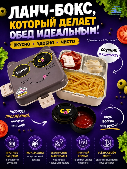 Ланчбокс контейнер с отделениями, герметичный, с соусником, из нержавеющей стали - 