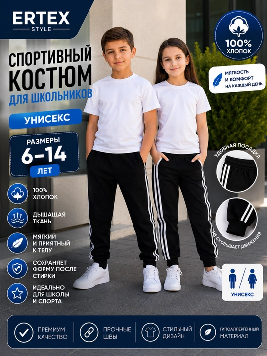 Детский спортивный костюм, спортивная форма для школы, форма для физкультуры, белая футболка - 