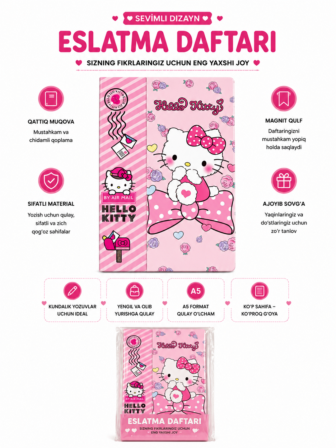Hello Kitty pushti eslatma daftari, qattiq muqova, magnitli qulf, A5 kundalik bloknot - 