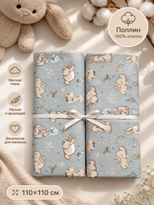 Набор пеленок, для новорожденных, 2 шт, поплин, 100% хлопок, 110×110 см - 