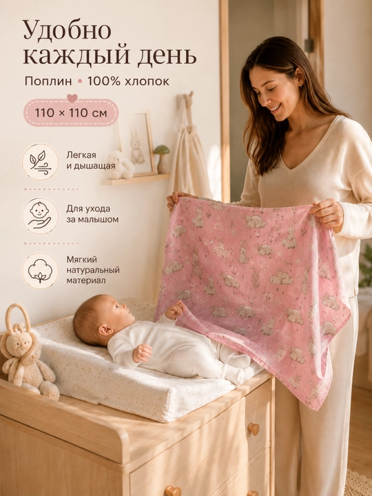 Набор пеленок, для новорожденных, 2 шт, поплин, 100% хлопок, 110×110 см