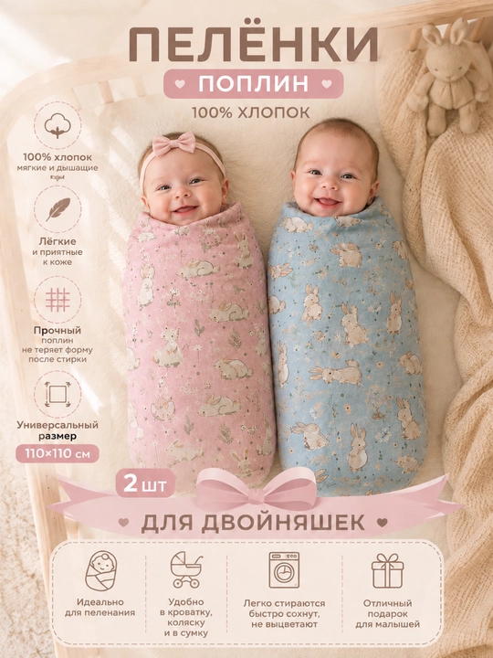 Набор пеленок, для новорожденных, 2 шт, поплин, 100% хлопок, 110×110 см