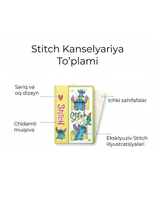 Stitch kanselyariya daftari, qattiq muqovali, rangli dizayn, yozuv va eslatmalar uchun - 