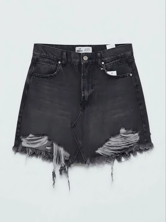 Ayollar uchun qora denim mini yubka, yirtiq dekor, popukli, yuqori bel